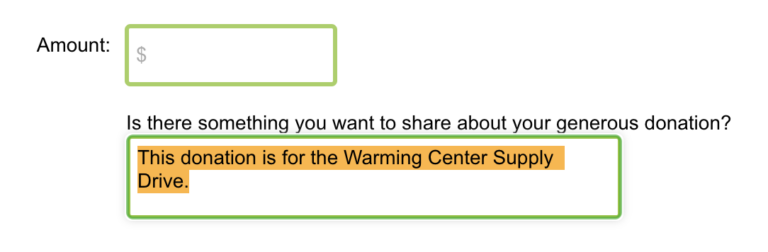 Screenshot of the HRDC donation form with an example of how to add a comment about which program the donation is intended for.