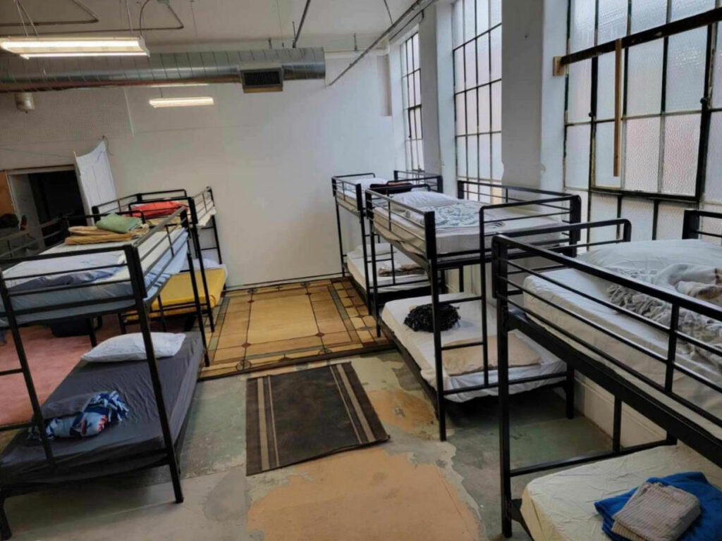 Photo of bunkbeds inside of the warming center. 