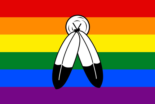 Graphic with rainbow LGBTQ colors and two feathers.