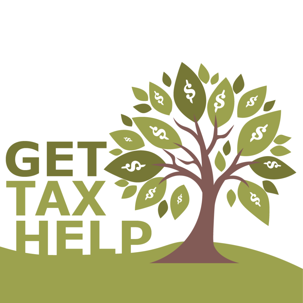 Graphic of a tree with leaves and dollar signs. Text reads, Get Tax Help.