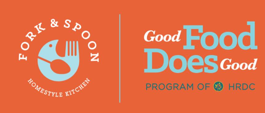 Graphic with the Fork & Spoon logo. Text reads, Fork & Spoon. Good Food Does Good. Program of HRDC.