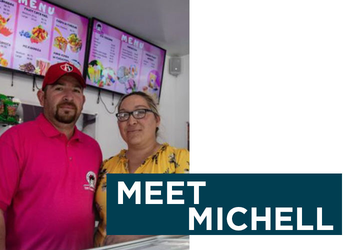 Photo of Michell and Jesus, HRDC customers and entrepreneur. Text reads, Meet Michell.